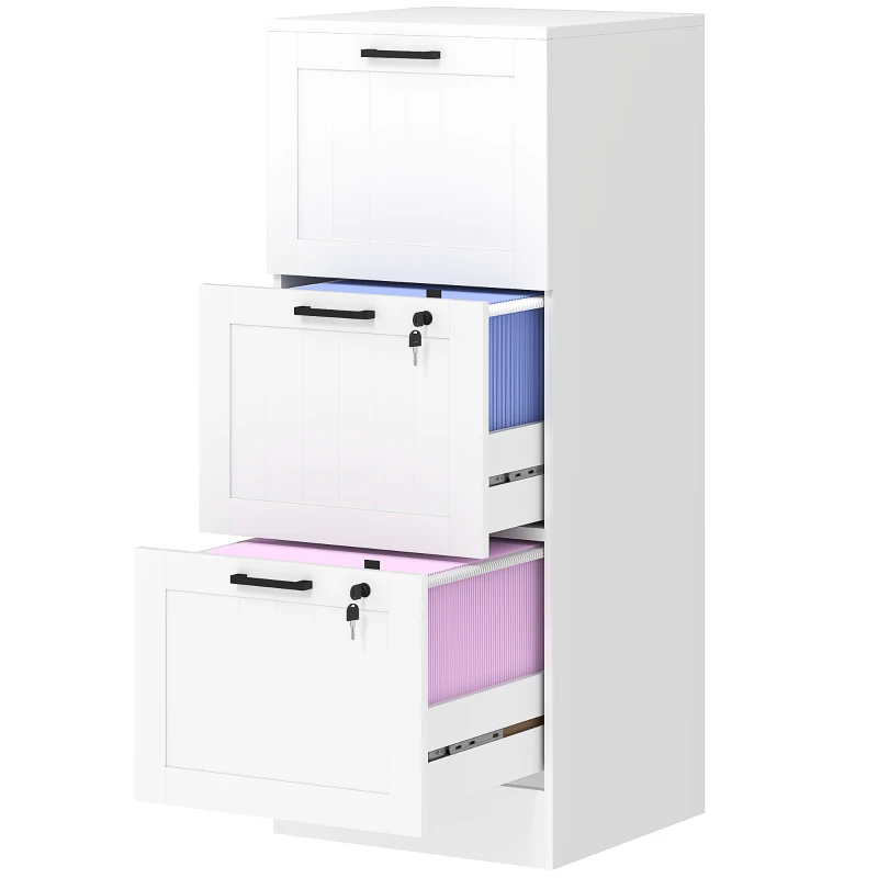 HOMCOM Caisson bureau, meuble rangement bois 3 tiroirs et serrure, barres de suspension réglables, 40 x 40 x 101 cm, blanc