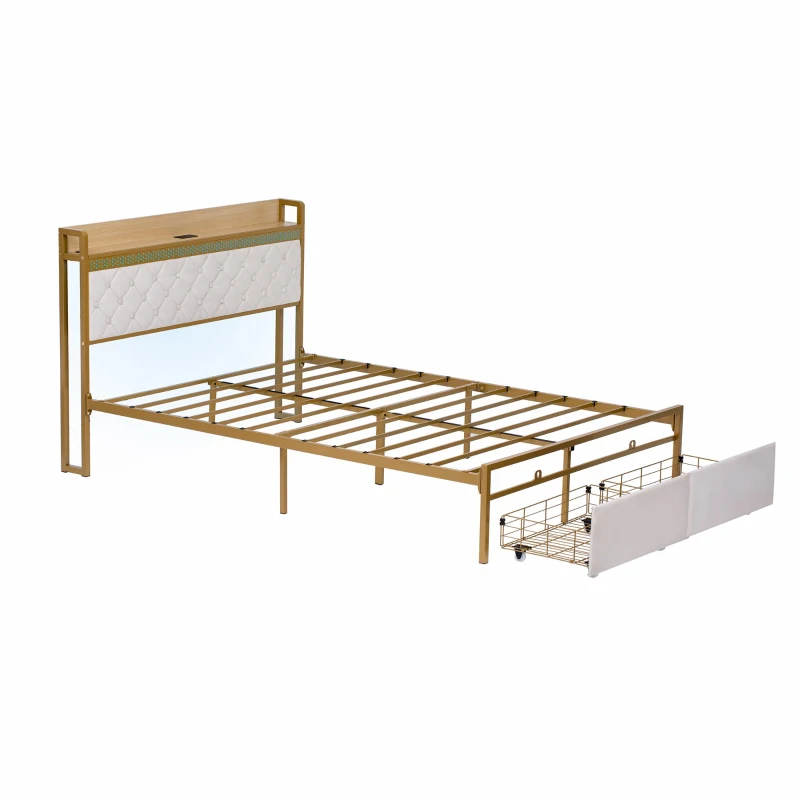 Double Bed Frame with Storage Drawers, RGB LED Headboard, Modern Bed Base for Living Rooms, 207L x 138W x 100H cm, Beige+Chrome