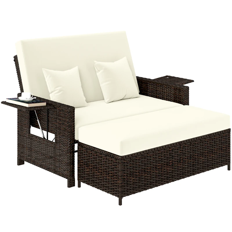 Outsunny Canapé-lit de jardin modulable en résine tressée bain de soleil 2 places dossier inclinable tablettes rétractables coussins intégrées crème + repose-pieds avec coffre de rangement chocolat