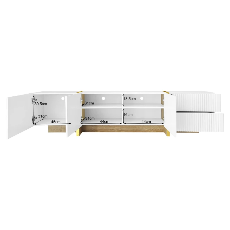Elegant TV Cabinet with Large Storage, Soft-Close Hinges and Elegant Design, TV Stand for Living and Media Room, 190L x 35W x 45H cm, Gold+White