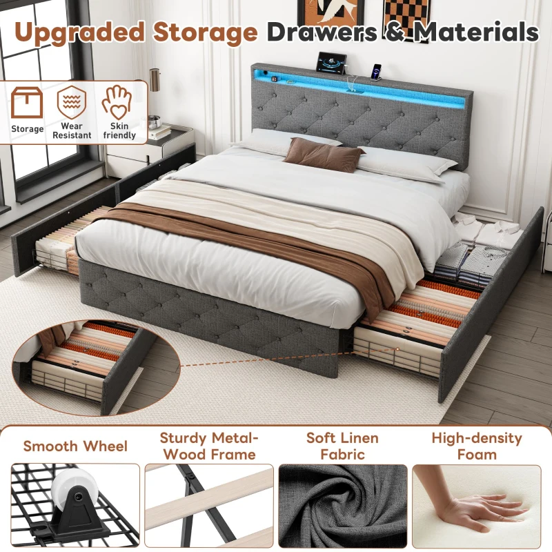 Double Upholstered Bed with Storage Drawers, Adjustable Button Tufted Design, Headboard for Modern Elegance, 200L x 142W x 109H cm, Grey