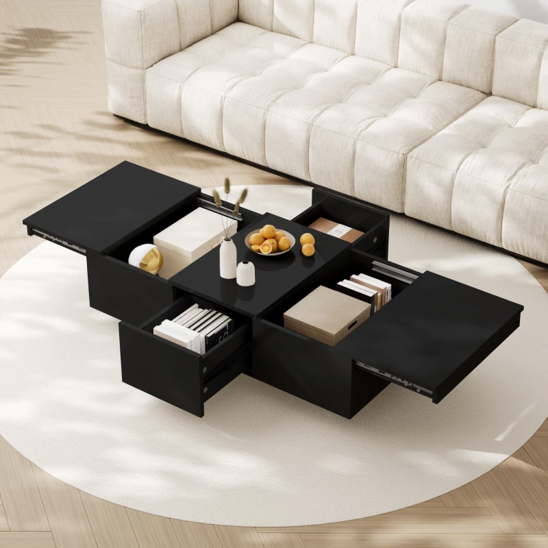 High-Gloss Black Coffee Table with Push-Pull Storage and Double-Sided Drawers, Tea Table Perfect for Modern Elegance, 100L x 50W x 31H cm, Black