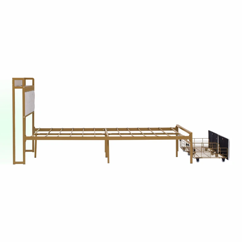 Double Bed Frame with Storage Drawers, RGB LED Headboard, Modern Bed Base for Living Rooms, 207L x 138W x 100H cm, Beige+Chrome