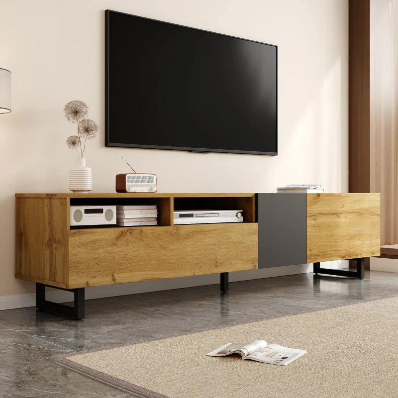 Retro TV Cabinet with Three Doors and 2 Compartments, U-Shaped Legs, TV Stand for Living Rooms, 170L x 36.5W x 42H cm, Dark Gray+Natural