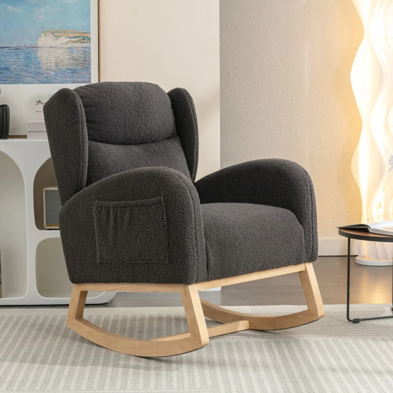 Sedia a dondolo moderna rivestita in tessuto Teddy con design ergonomico a schienale alto, per soggiorno e camera da letto, 71x96.5x101 cm, Grigio Scuro