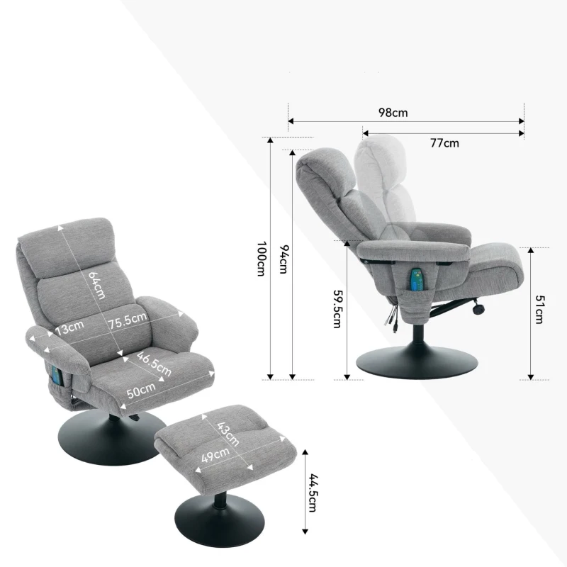 Fotoliu de relaxare cu funcție de înclinare și masaj în 5 puncte, fotoliu TV cu funcție de încălzire electrică și taburet, rotativ 360°, material chenille, 75,5x77x100 cm, Gri