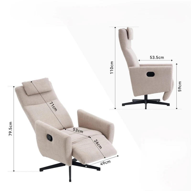 Fauteuil relax confortable avec fonction d'inclinaison, avec socle pivotant et dossier réglable, 67x80,5x110 cm, Gris