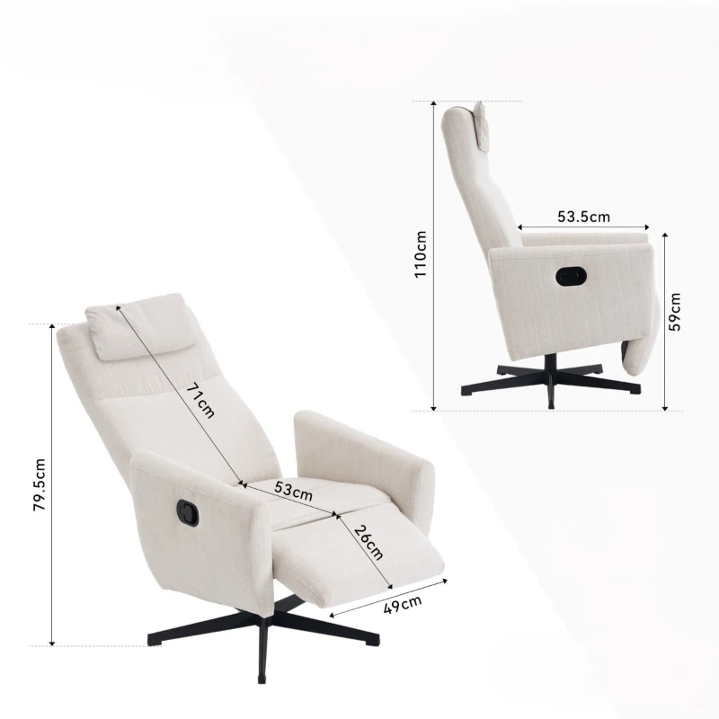 Fauteuil relax confortable avec fonction d'inclinaison, avec socle pivotant et dossier réglable, 67x80,5x110 cm, Beige