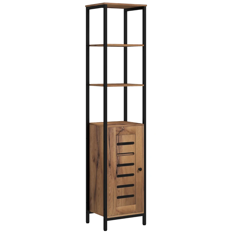 kleankin Columna de Baño Estrecha con Puerta de Lamas Estantes Ajustables Compartimentos Abiertos 37x30x167 cm Marrón Rústico