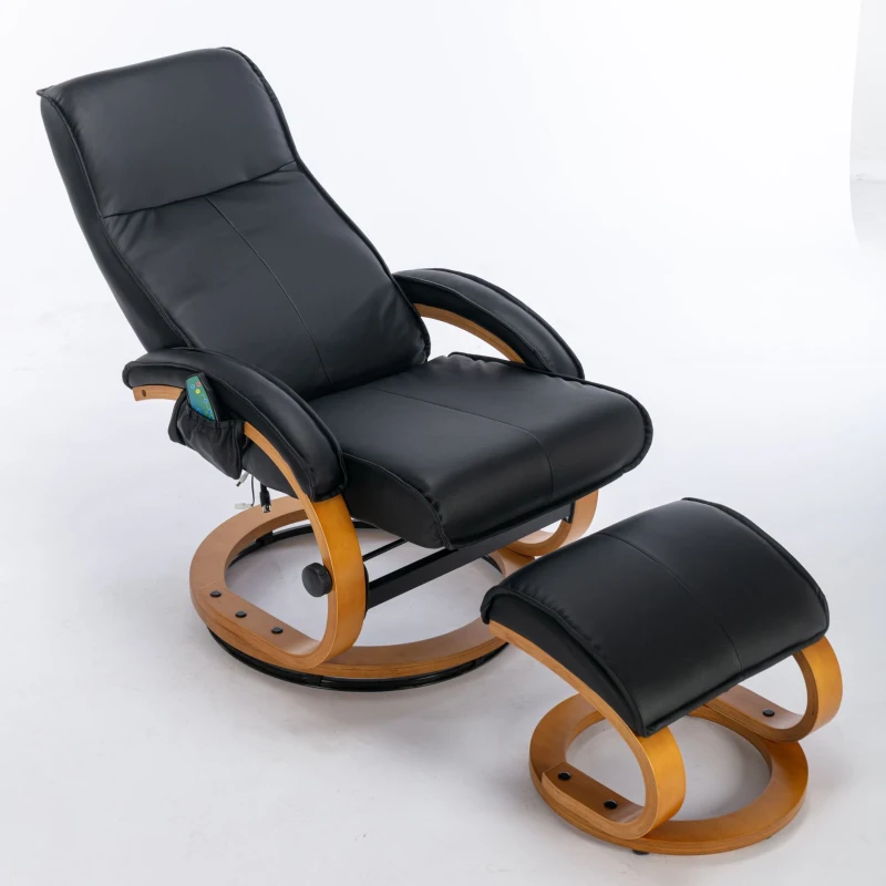 Poltrona massaggiante a 5 punti con base in legno curvato e rivestita in pelle PU, 67x85x103 cm, Nero