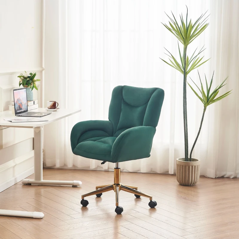 Silla Giratoria Ajustable en Altura en Tela de Terciopelo con Patas Doradas Diseño Ergonómico para Oficina y Dormitorio 62x64x88-97 cm Verde