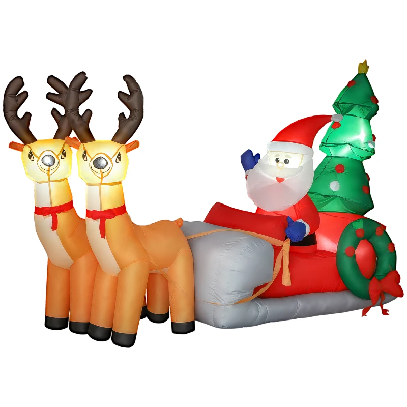 Outsunny Papá Noel Hinchable con Trineo y Renos Inflables de Navidad con Luces LED para Exterior e Interior 216x90x150 cm