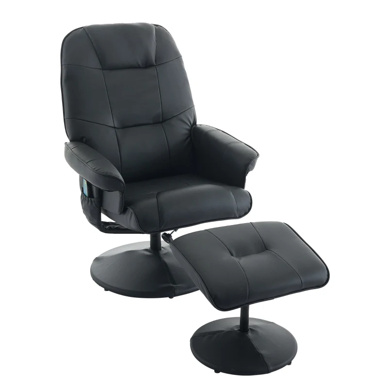 Massagesessel mit Liegefunktion, Relax-Fernsehsessel aus PU-Stoff, 360° Drehung, Heizung & Hocker, 75x79,5x107 cm, Schwarz