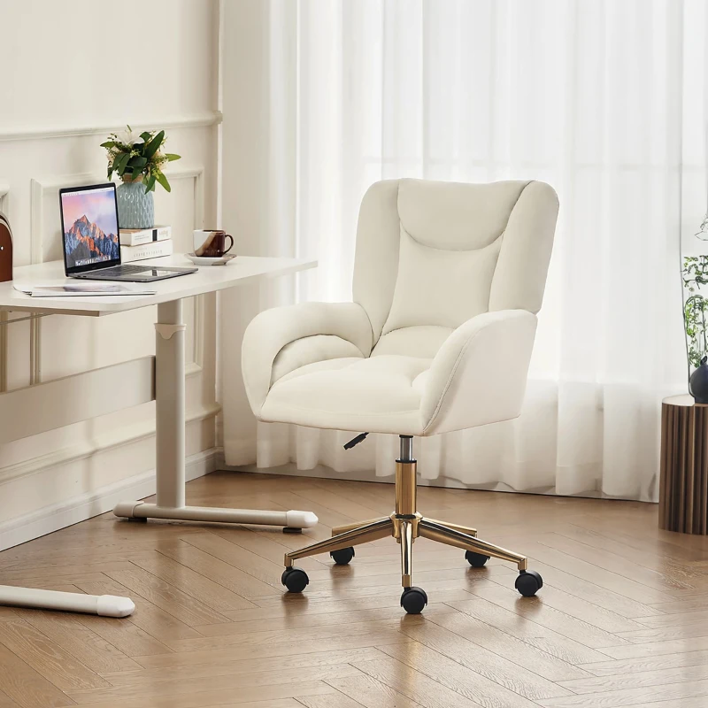 Chaise pivotante réglable en hauteur, tissu en velours et pieds dorés, design ergonomique, pour bureau, chambre, 62x64x88-97 cm, Ivoire
