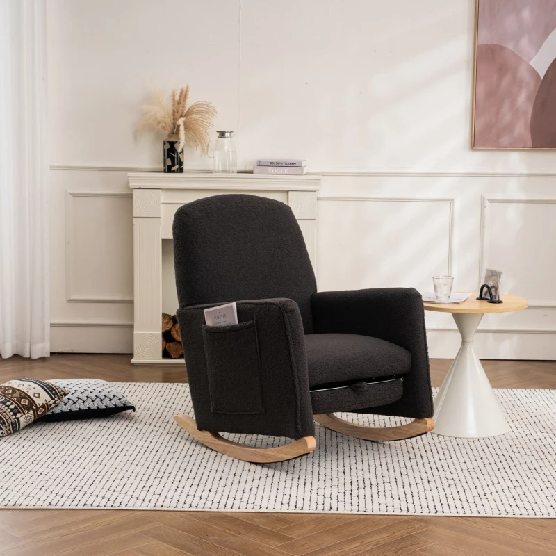 Sedia a dondolo con poggiapiedi e schienale alto, in tessuto Teddy, 67x96-127x96 cm, Grigio Scuro