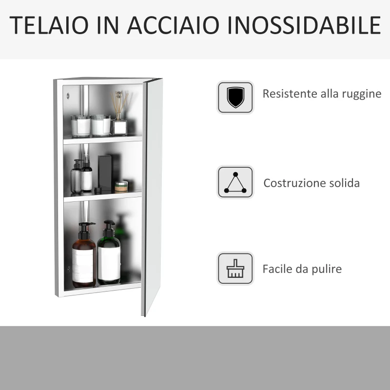 HOMCOM Armadietto Angolare Bagno in Acciaio Anta a Specchio Chiusura Magnetica 3 Ripiani Salvaspazio 60x30x18.4cm