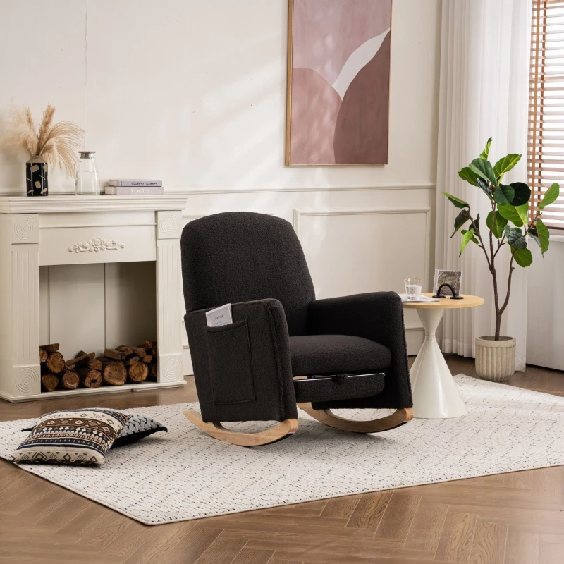 Fauteuil à bascule avec repose-pieds, fauteuil relax avec dossier haut, tissu Teddy, 67x96-127x96 cm, Gris foncé