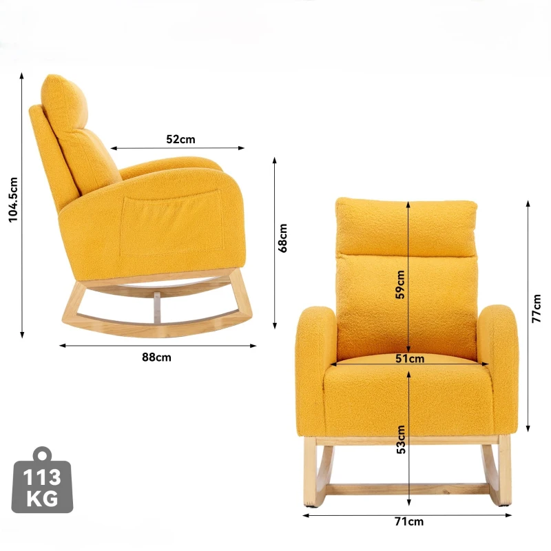 Sedia a dondolo moderna rivestita in tessuto Teddy con design ergonomico a schienale alto, per soggiorno e camera da letto, 71x96.5x101 cm, Giallo