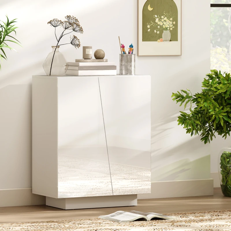 HOMCOM Aparador Sala de Estar Armário Auxiliar com 2 Portas de Alto Brilho e Prateleiras Ajustáveis 70x40x88 cm Branco