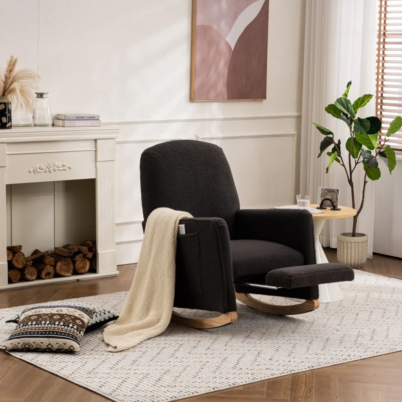 Sedia a dondolo con poggiapiedi e schienale alto, in tessuto Teddy, 67x96-127x96 cm, Grigio Scuro