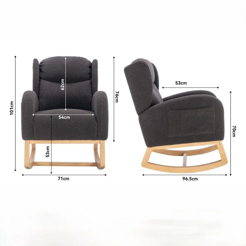 Sedia a dondolo moderna rivestita in tessuto Teddy con design ergonomico a schienale alto, per soggiorno e camera da letto, 71x96.5x101 cm, Grigio Scuro