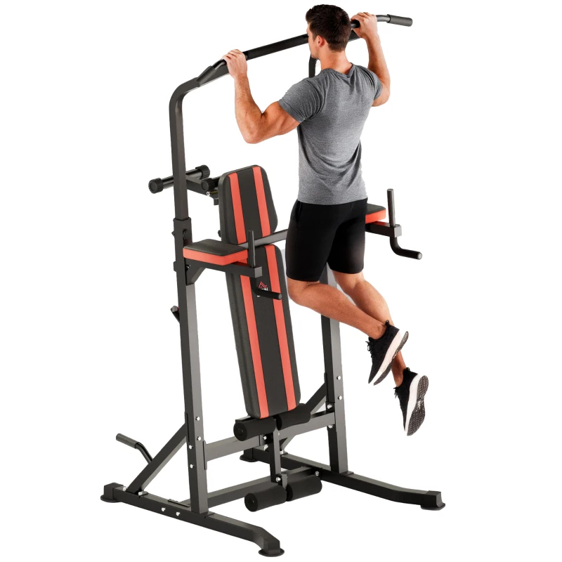 HOMCOM Power Tower Pieghevole, Stazione Fitness Multifunzione Regolabile in 7 Posizioni con Sbarra Trazioni, Dip Station, Pull UP Station e Panca Piana in Acciaio, per Home Gym Casa, Portata 150kg