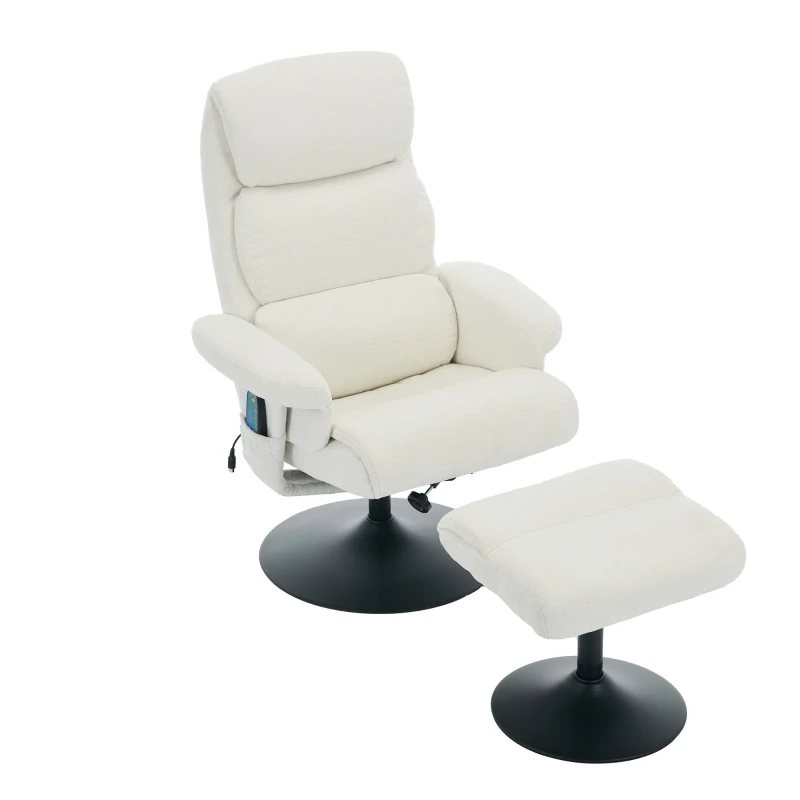 Relaxsessel mit Liegefunktion und 5-Punkte-Massage, Fernsehsessel mit elektrischer Heizfunktion und Hocker, 360° drehbar, Chenille-Stoff, 75,5x77x100 cm, Weiß