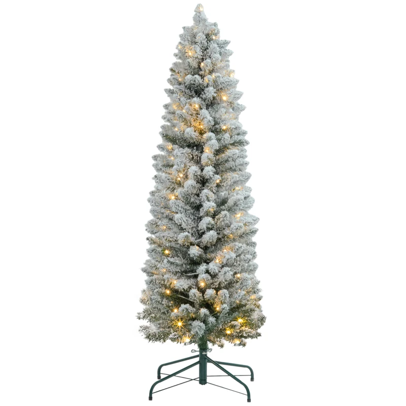 HOMCOM Albero di Natale Innevato con 263 Rami e Luci LED Bianche in Plastica e Metallo, Ø45x150 cm, Verde