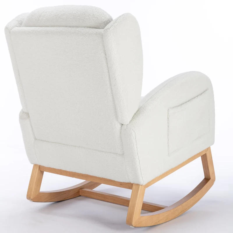 Scaun balansoar modern cu husă din material Teddy, fotoliu cu design ergonomic cu spătar înalt, pentru living și dormitor, 71x96,5x101 cm, Alb