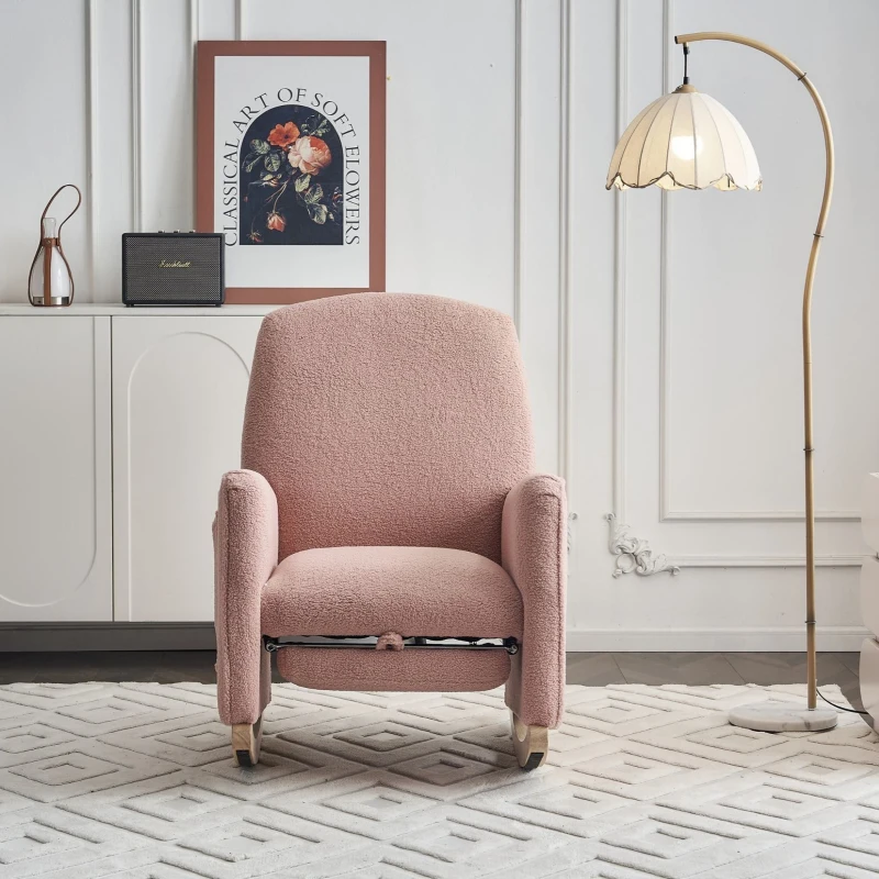 Sedia a dondolo con poggiapiedi e schienale alto, in tessuto Teddy, 67x96-127x96 cm, Rosa