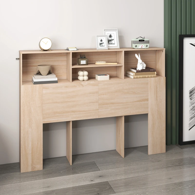HOMCOM Cabecera de Cama Independiente con Almacenamiento, accesorio para cama 4 compartimentos abiertos, 140 x 19 x 103,5 cm, efecto madera natural