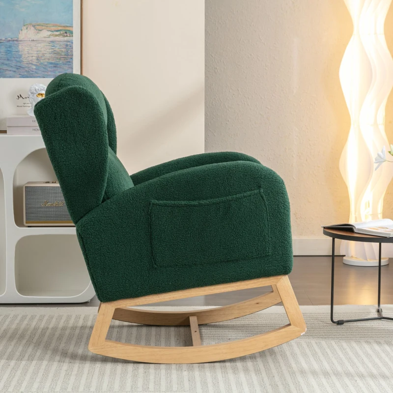Sedia a dondolo moderna rivestita in tessuto Teddy con design ergonomico a schienale alto, per soggiorno e camera da letto, 71x96.5x101 cm, Verde