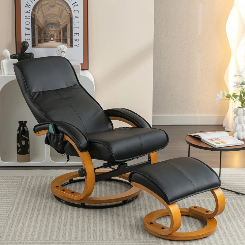 Poltrona massaggiante a 5 punti con base in legno curvato e rivestita in pelle PU, 67x85x103 cm, Nero