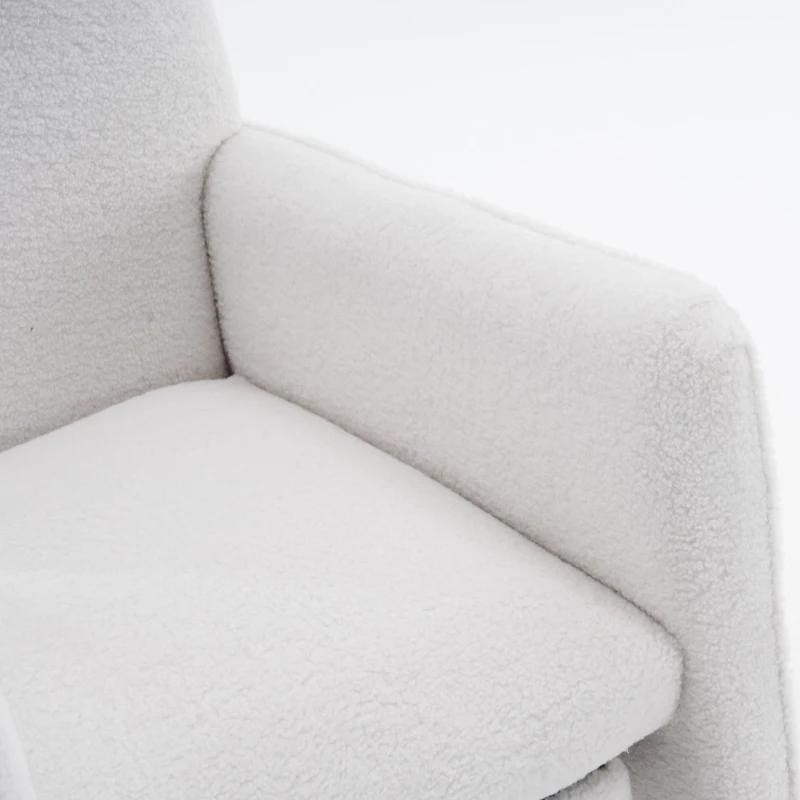 Scaun balansoar cu taburet, fotoliu de relaxare cu spătar înalt, material Teddy, 67x96-127x96 cm, Alb