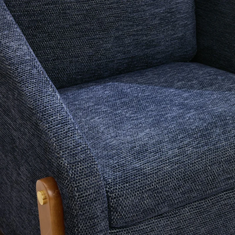 Fauteuil au style moderne pour salon, avec accoudoirs en bois et coussin de dossier, tissu chenille, 73,5x73,5x73,5 cm, Bleu