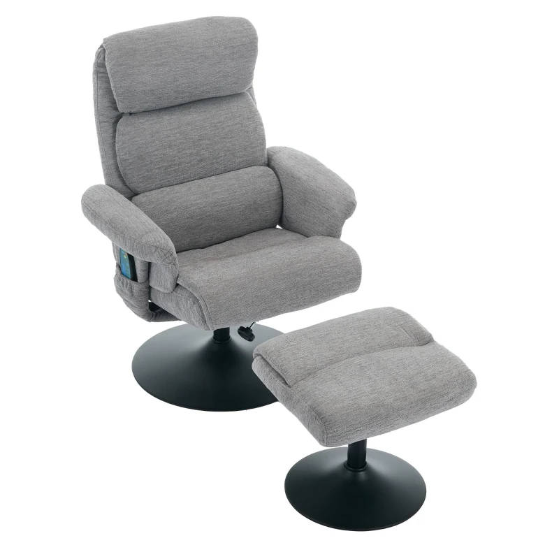 Relaxsessel mit Liegefunktion und 5-Punkte-Massage, Fernsehsessel mit elektrischer Heizfunktion und Hocker, 360° drehbar, Chenille-Stoff, 75,5x77x100 cm, Grau