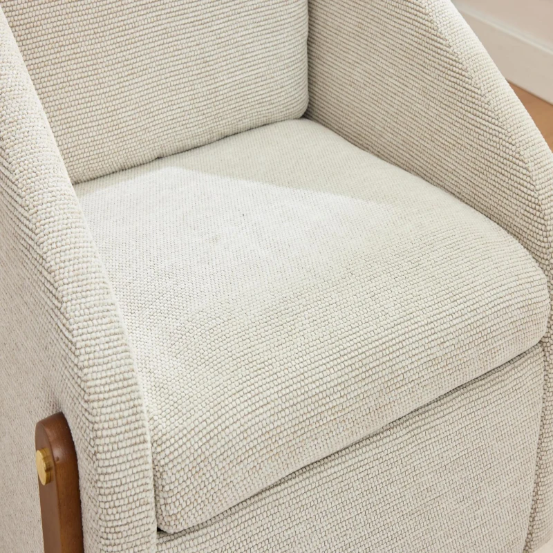 Fauteuil au style moderne pour salon, avec accoudoirs en bois et coussin de dossier, tissu chenille, 73,5x73,5x73,5 cm, Beige
