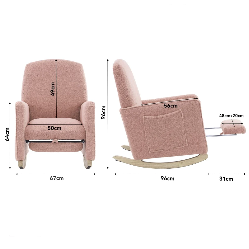 Sedia a dondolo con poggiapiedi e schienale alto, in tessuto Teddy, 67x96-127x96 cm, Rosa