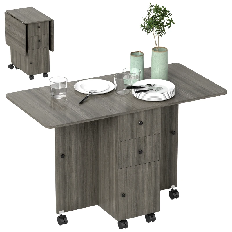 HOMCOM Table de cuisine pliable table à manger pliante 2 plateaux rabattables avec 2 tiroirs 1 placard gris