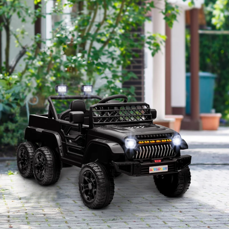 AIYAPLAY 12V Elektrisch Kindervoertuig met Aanhangwagen, LED-verlichting, Muziek en Claxon, voor Kinderen van 3-8 Jaar, Zwart(m-10)
