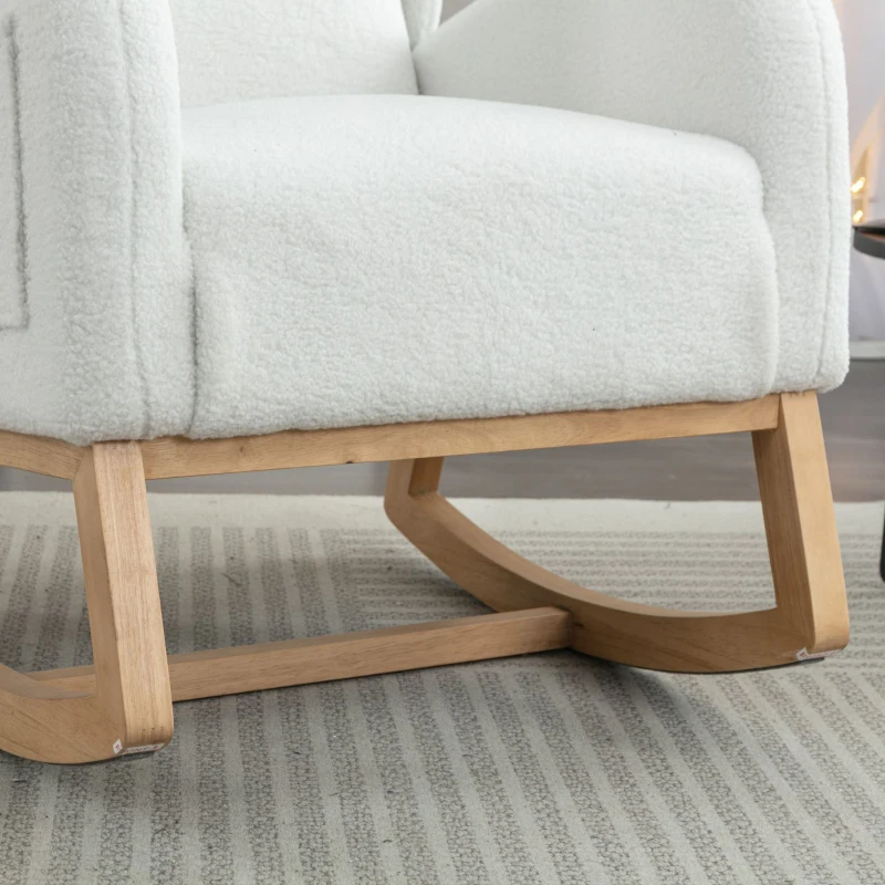 Scaun balansoar modern cu husă din material Teddy, fotoliu cu design ergonomic cu spătar înalt, pentru living și dormitor, 71x96,5x101 cm, Alb