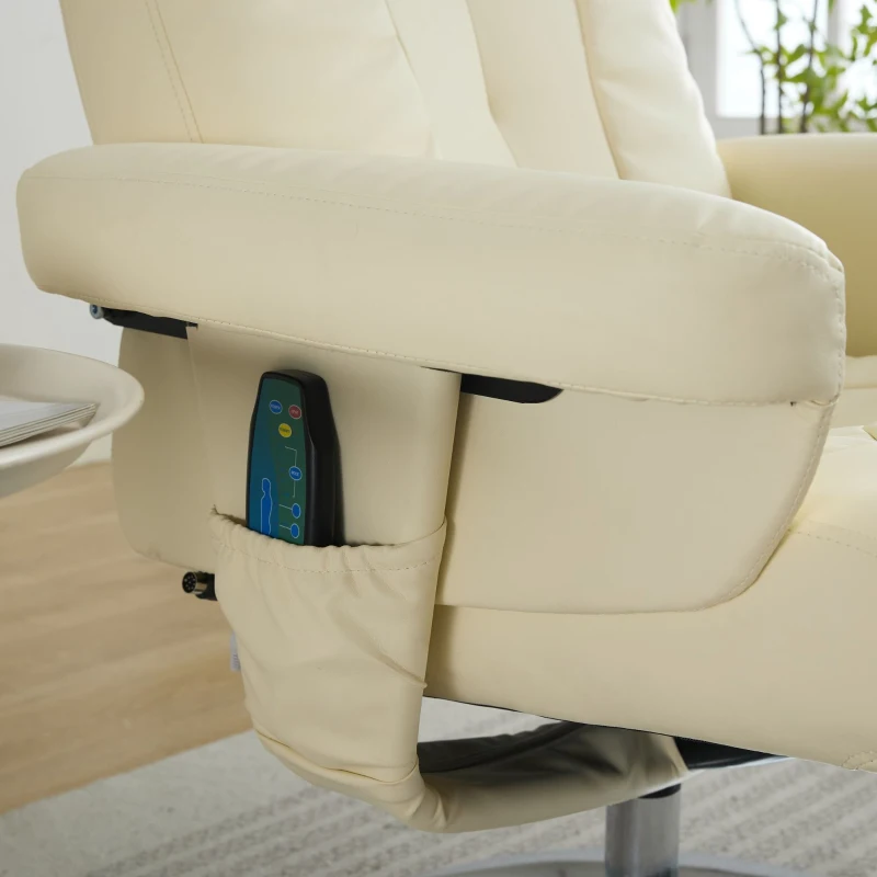 Poltrona relax, reclinabile e massaggiante a 5 punti, con funzione di riscaldamento elettrico e poggiapiedi, girevole a 360°, in tessuto PU, 75x76x103 cm, Beige