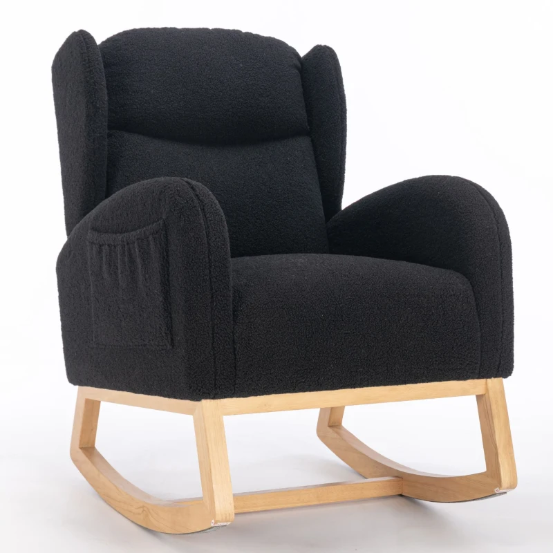 Fauteuil à bascule moderne avec revêtement en tissu Teddy, fauteuil à oreilles avec design ergonomique à dossier en aile, pour salon et chambre, 71x96,5x101 cm, Noir