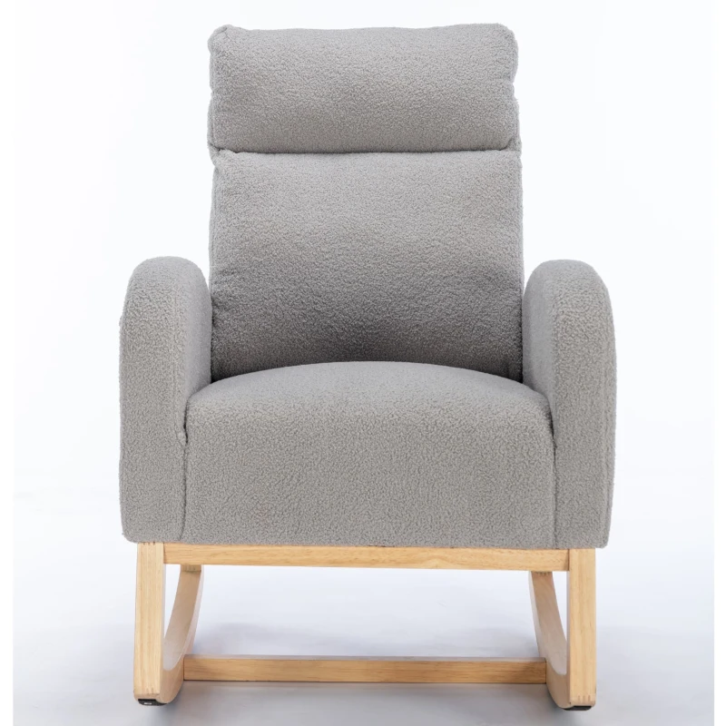 Sedia a dondolo moderna rivestita in tessuto Teddy con design ergonomico a schienale alto, per soggiorno e camera da letto, 71x96.5x101 cm, Grigio Chiaro