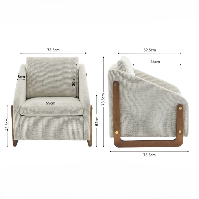 Fauteuil au style moderne pour salon, avec accoudoirs en bois et coussin de dossier, tissu chenille, 73,5x73,5x73,5 cm, Beige