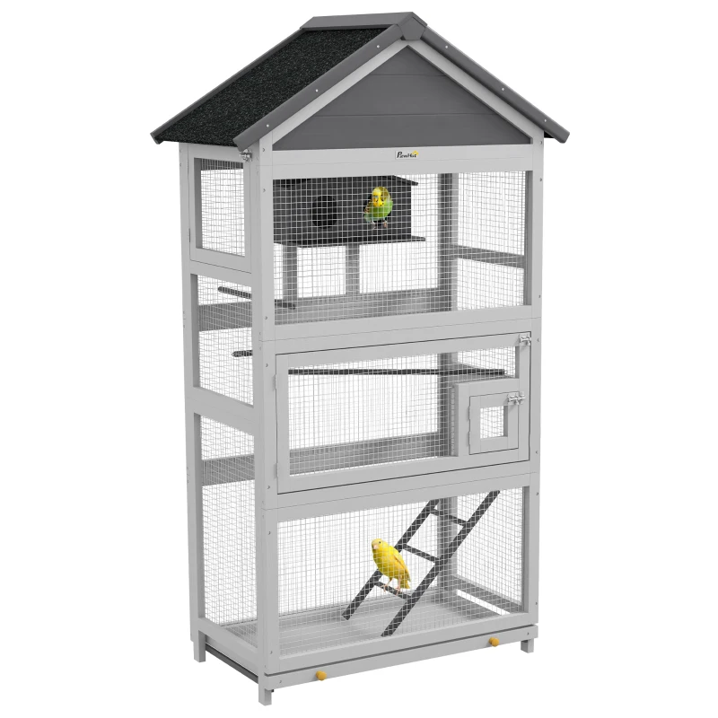 PawHut Voliera per Uccellini a 3 Porte con Casetta e Vassoio, in Legno e Metallo, 92x52x171 cm, Grigia e Nera