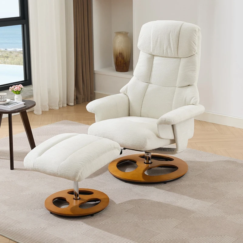 Fotoliu confortabil de relaxare cu funcție de masaj și încălzire, rotativ la 360°, spătar reglabil și taburet, material chenille, 81x83,5x111 cm, Alb