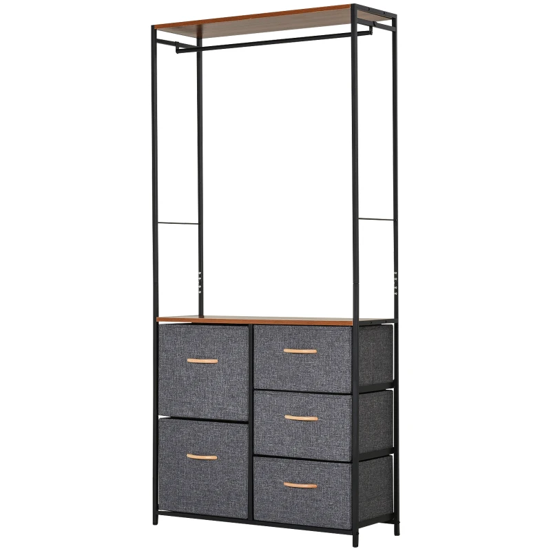 Armario Ropero Abierto Almacenaje Hecho de Metal Plegable con 5 Cajones Extraíbles Apto para Salón Oficina Dormitorio Estudio con Barra para Colgar Estilo Moderno Negra Gris 83x28x175cm