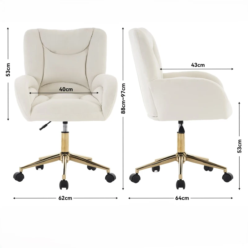 Silla Giratoria Ajustable en Altura en Tela de Terciopelo con Patas Doradas Diseño Ergonómico para Oficina y Dormitorio 62x64x88-97 cm Marfil