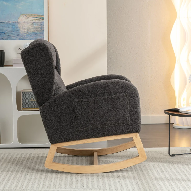 Sedia a dondolo moderna rivestita in tessuto Teddy con design ergonomico a schienale alto, per soggiorno e camera da letto, 71x96.5x101 cm, Grigio Scuro